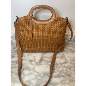 Fossil Tan Woven Straw Rattan Crossbody Tote Bag Leather Handles Boho